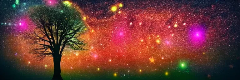 Image similar to beautiful trees, multicolor stars and galaxies, psychedelic, trending on artstation, hd photography