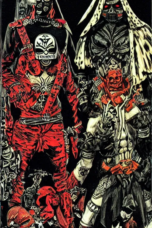 Prompt: Illustration of the Lucha Bros Rey Fenix and Pentagon Jr day of the dead, art by bernie wrightson