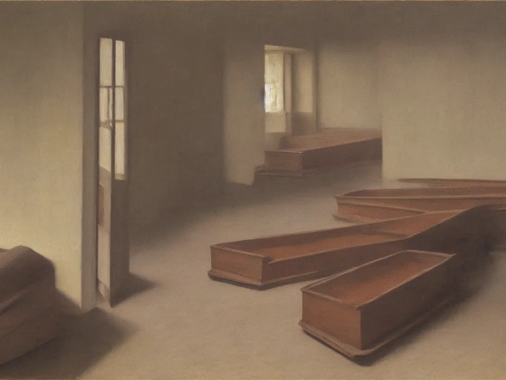 Prompt: Interior full of wooden coffins. Grazing, harsh light. Painting by Vilhelm Hammershoi