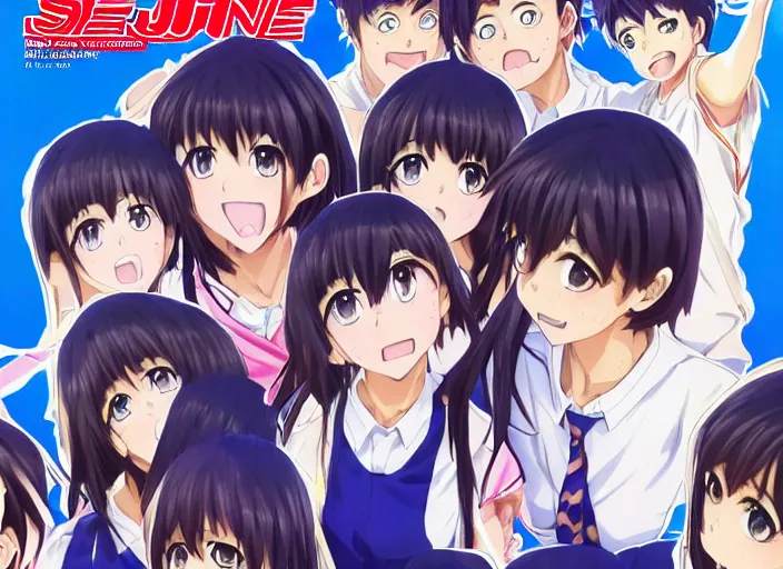 Image similar to ; weekly shonen jump issue 1 4, cover, 2 0 0 0 clannad shuffle toheart event'anime pattern of illustration japanese very very beautiful cute girls doing cute things trending on artstation pixiv makoto shinkai smiling super heterochromia detailed eyes eyebrowless symmetry face visual novel hairpin star