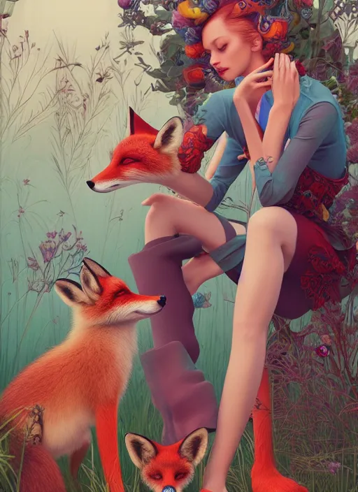 Image similar to pretty model with foxes : : by martine johanna and simon stalenhag and chie yoshii and casey weldon and wlop : : ornate, dynamic, particulate, rich colors, intricate, elegant, highly detailed, vogue, harper's bazaar art, fashion magazine, smooth, sharp focus, 8 k, octane render,