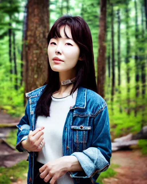 Image similar to close up portrait of an korean woman with beautiful face and modern clothes standing outside of an old cabin, forest in the background, bokeh, depth of field, dramatic lighting, cinematic, vivid colors, matte painting, vivid color scheme