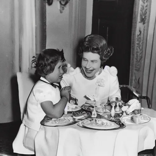 Image similar to Queen elizabeth eating lunch with her stunt double,