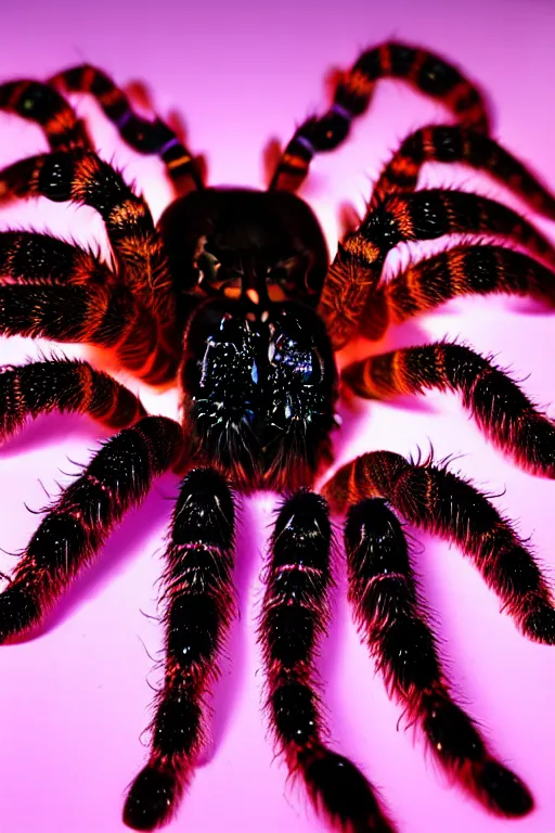 Image similar to high quality close-up photo gothic holographic tarantula! jewelled gorgeous! highly detailed david ligare elson peter cinematic purple neon lighting high quality low angle hd 8k sharp shallow depth of field