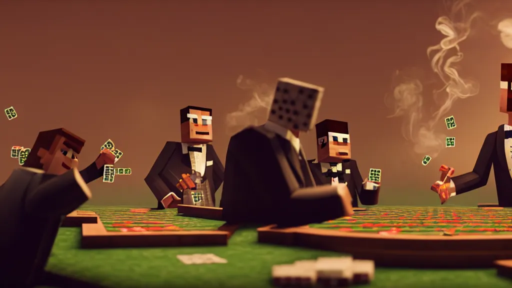 Image similar to hyperrealism simulation highly detailed human turtles'wearing detailed tuxedos and smoking, playing poker in surreal scene from minecraft movie from future by wes anderson and denis villeneuve and mike winkelmann rendered in blender and octane render