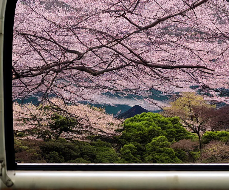 Image similar to mount fuji, japanese landscape with sakura trees, seen from a window of a train. beautiful! dlsr photo