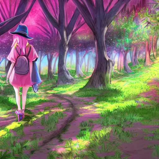 Image similar to a pink mage wearing a small satchel and a pink witch's hat walking through a lush psychedelic forest, concept art, anime