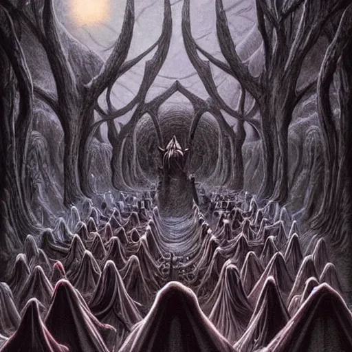 Image similar to a dark cabal of hooded elven mystics in long dark robes gathered in a circular formation around a highly advanced machine containing spirits of the dead, dan seagrave art, michael whelan