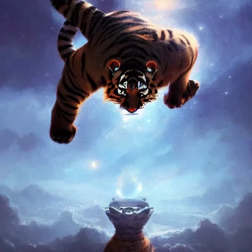 Prompt: tiger flying in the sky ; cat flying in the sky ; panther flying in the sky ; humans being devoured ; aliens, robotic machines, gods, bio - mechanical intelligences, glitch creatures, dmt entity ; lsd art, trending on artstation, style greg rutkowski