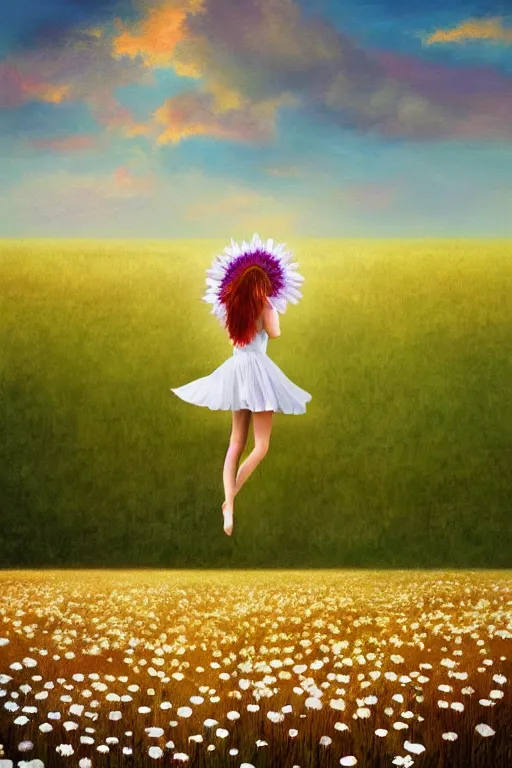 Prompt: giant white daisy flower as head, body girl dancing in a flower field, surreal photography, sunrise, dramatic light, impressionist painting, colorful clouds, digital painting, artstation, simon stalenhag