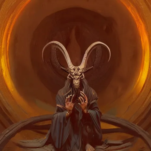 Prompt: Baphomet sitting in front of a portal to the infinite . Highly detailed painting Greg rutkowski. Good clear quality, high detail, octagon render 8k