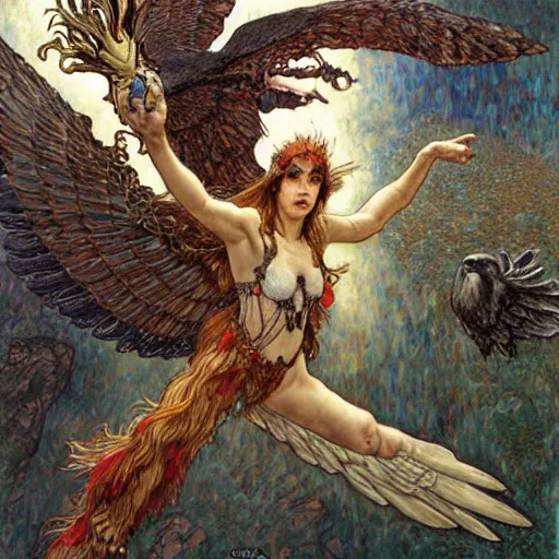 Image similar to giant eagle eating a flying harpy with huge eagle wings being eaten by giant eagle, d & d, fantasy, luis royo, magali villeneuve, donato giancola, wlop, krenz cushart, hans zatka, klimt, alphonse mucha