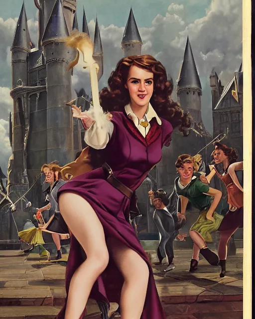 Image similar to pinup photo of hermione granger by emma watson in the crowded square of hogwarts, gil elvgren, enoch bolles, edward robert hughes, henry justice ford, glossy skin, pearlescent, very coherent, very detailed