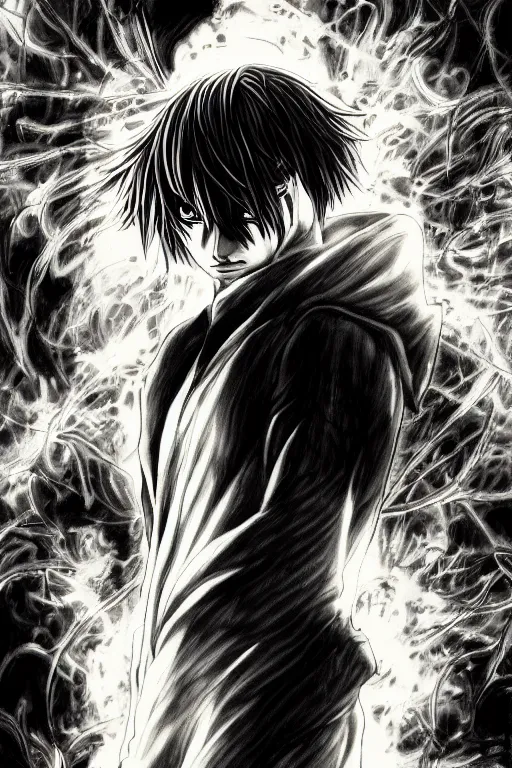 Image similar to light yagami, god of death, highly detailed, digital art, sharp focus, trending on art station, death note