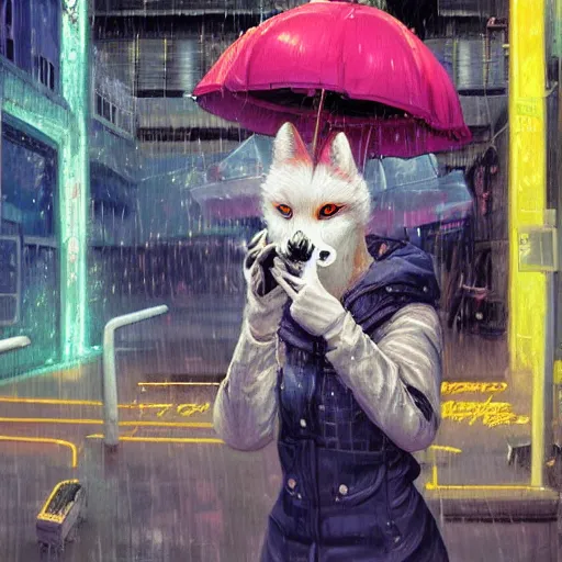 Image similar to white - furred anthropomorphic female vulpes vulpes fulva, eating noodles, in the rain by a noodle kiosk, in crowded and wet street of a city, cyberpunk, harsh neon lights, highly detailed, digital painting, trending on artstation, concept art, sharp focus, illustration, art by artgerm and greg rutkowski and magali villeneuve