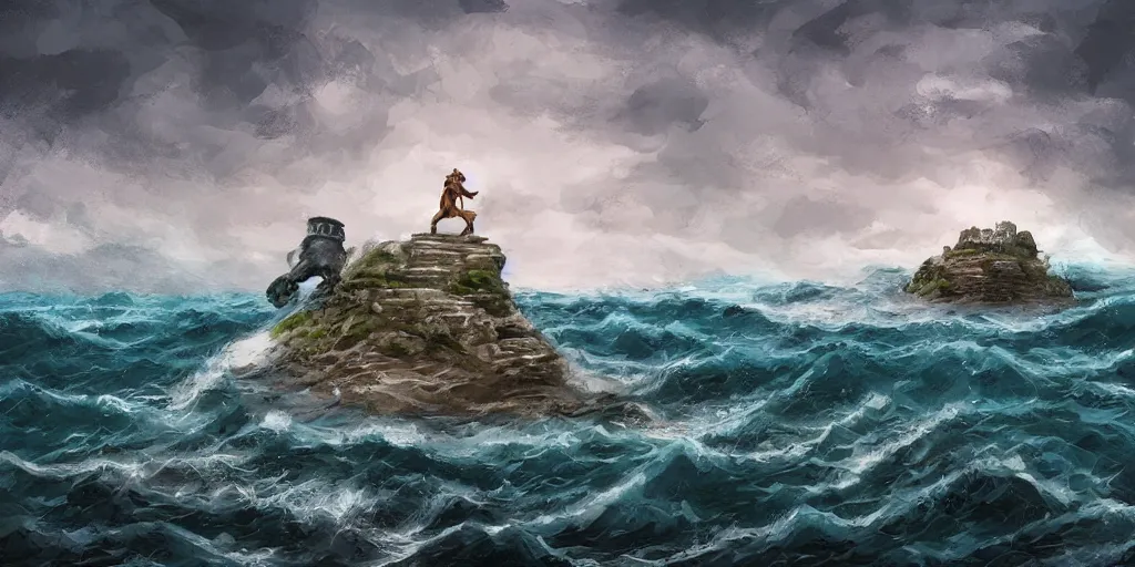 Image similar to friendly stone giant standing in sea protecting small island city from tidal wave, low angle, concpet art, digital painting, high detail