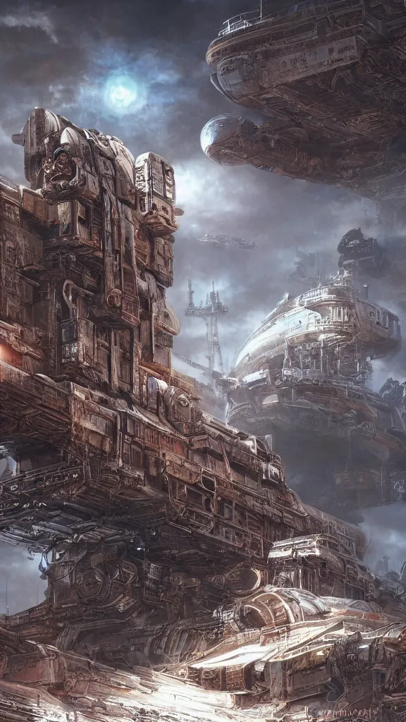 Image similar to a beautiful highly detailed matte painting of a huge derelict cargo starship, Space Hulk, WarHammer 40k by Jose Daniel Cabrera Pena and Leonid Kozienko, concept art