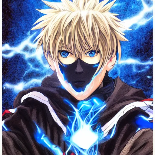 Image similar to portrait of the genos blue flame arms mode, anime fantasy illustration by tomoyuki yamasaki, kyoto studio, madhouse, ufotable, comixwave films, trending on artstation