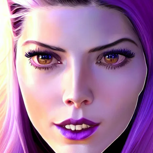 Image similar to A combination of Grace Kelly's and Katheryn Winnick's and Ashley Greene's faces with blue skin and short violet hair as Cortana from Halo, cyberpunk style, synthwave aesthetic, fantasy, intricate, elegant, highly detailed, digital painting, artstation, concept art, matte, sharp focus, illustration, half body portrait, anime style, art by Artgerm and Greg Rutkowski and Alphonse Mucha