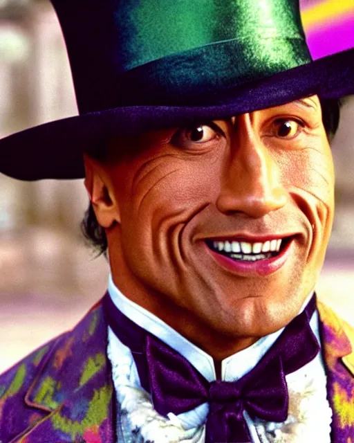 Image similar to Film still close-up shot of Dwayne Johnson as Willy Wonka from the movie Willy Wonka & The Chocolate Factory. Photographic, photography