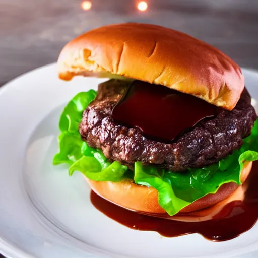 Prompt: A delicious hamburger with chocolate sauce, food photography, michilin star