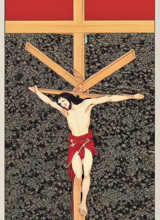 Image similar to Jesus Christ on the cross, by takato Yamamoto, manga style, painting, high detail, 8k, award winning,