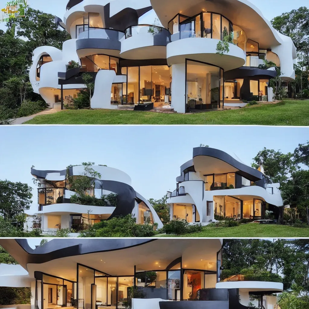 Image similar to “ a two story modern house with curve tectonic balconies designed by famous architects online lab of architecture, house sold for 4 million dollars ”