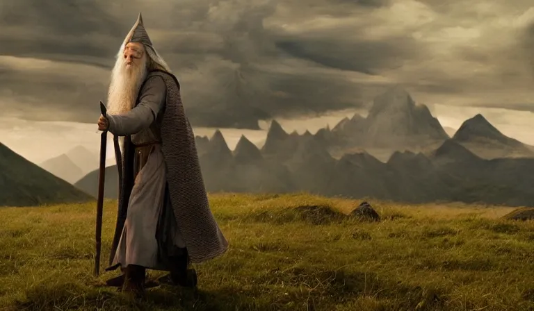 Prompt: the wizard gandalf casting a spell in a battle scene, mountains in the distance, landscape, epic, in the style of akira kurosawa, cinematic, dramatic lighting, film grain, photographic