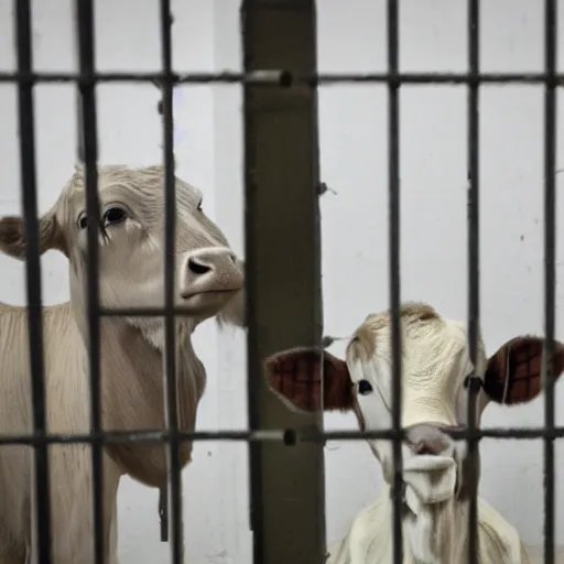 Prompt: bottle of milk in front of a jailcell with a calf inside