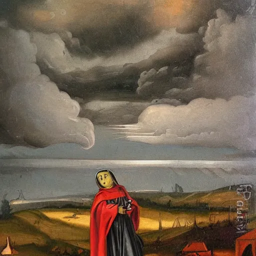 Image similar to grim reaper full figure under the stormy sky medieval art oil painting