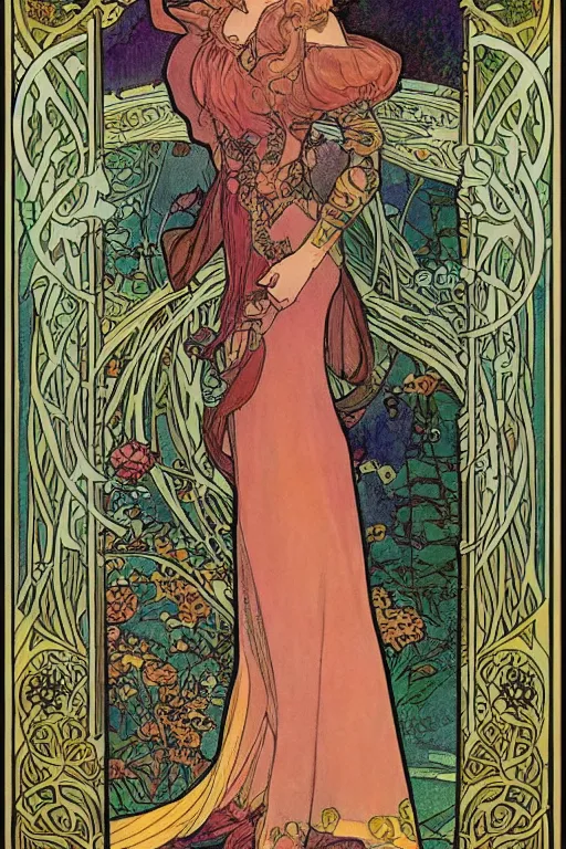 Image similar to full length painting of princess - peach!!!!!!! art nouveau, tarot card by mucha, gaudy colors, sharp edges, intricate line - work.