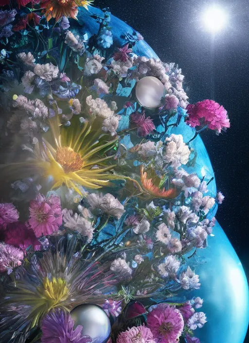 Image similar to An epic fantastic realism comic book style painting of the most beautiful flowers launched into space, perfect shiny silver iridescent spheres, bouquets, fisheye lens, unreal 5, DAZ, hyperrealistic, octane render, dynamic lighting