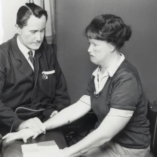 Image similar to a man sitting on a chair having his blood pressure measured by a nurse, color photograph