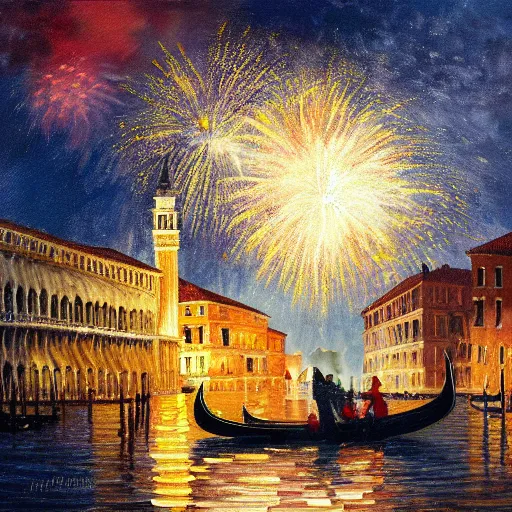 Image similar to an oil painting of couple kissing, in a background fireworks in venice