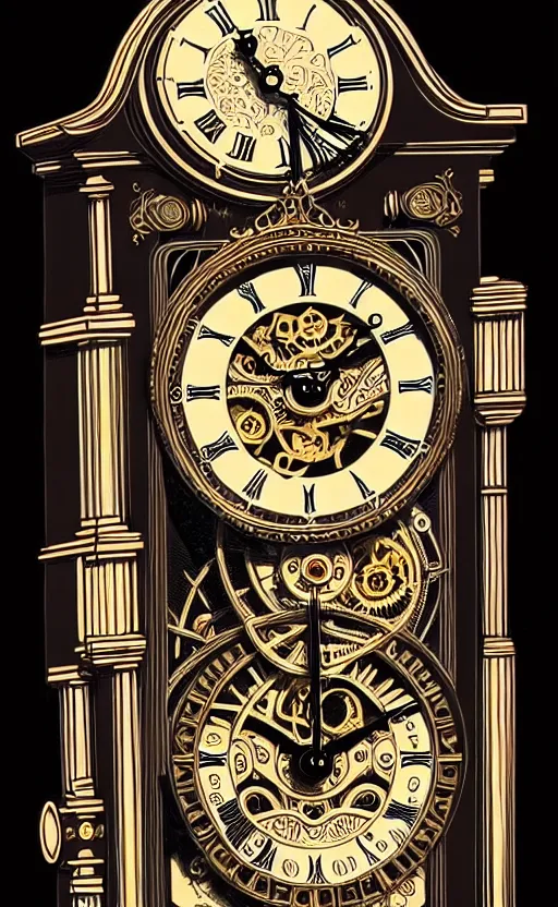 Image similar to ornate steampunk grandfather clock, high details, intricately detailed, by vincent di fate, inking, lineart, 3 color screen print, masterpiece, trending on artstation,, sharp, details, hyper - detailed, hd, 4 k, 8 k