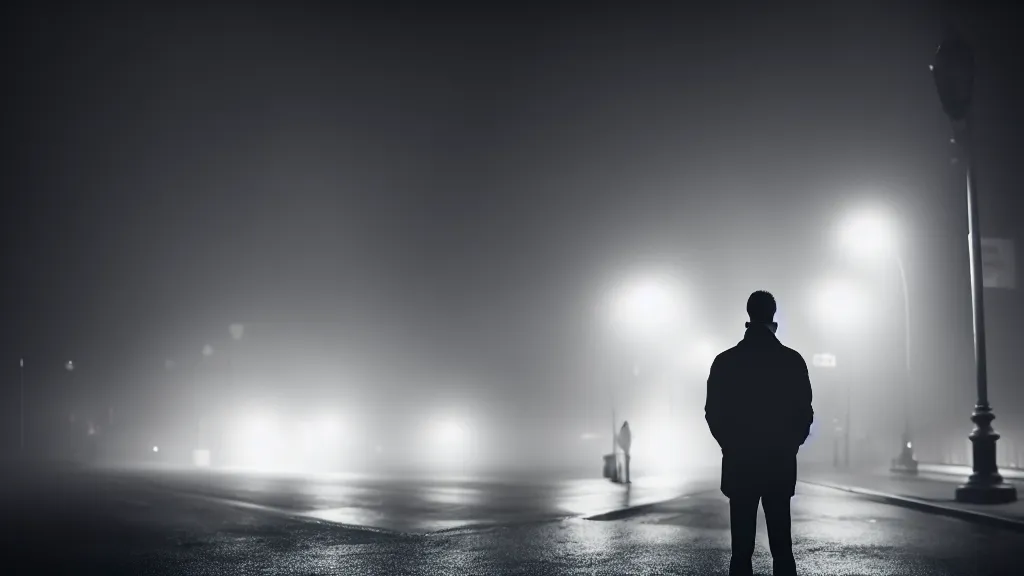 Prompt: full face portrait a man is standing on the street under the lights, fog, volumetric lighting, mystique, atmospheric, sharp focus, ultra detailed, noir art house, 4 k, cinematic, 3 5 mm