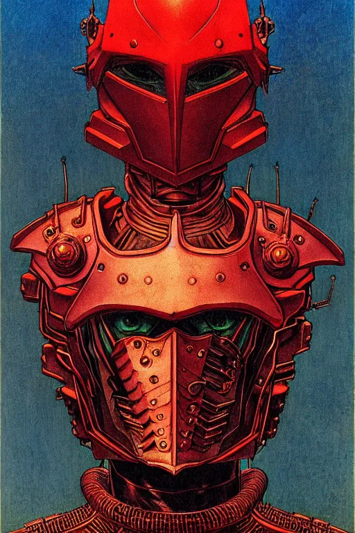 Prompt: portrait of gothic and futuristic young man, warhammer, cyberpunk armor, a lot of scars, thunderstorm, blue head, fire eyes, some red, the middle ages, highly detailed, artstation, in the style of moebius, jugendstil and classic japanese print, art by jean delville and max ernst
