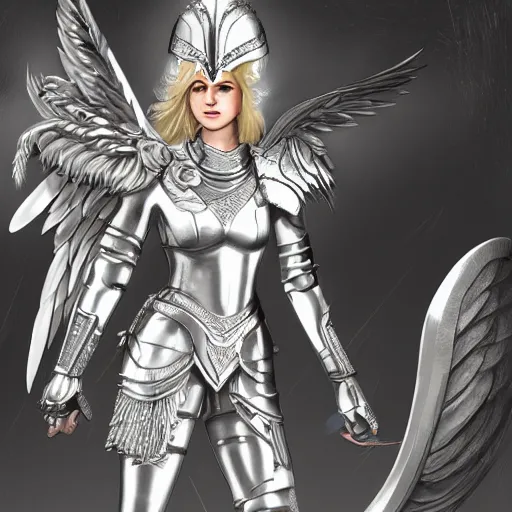 Prompt: a Valkyrie with an angelic face and short blonde hair wearing ornate silver armor and a helmet with white wings, detailed digital concept art