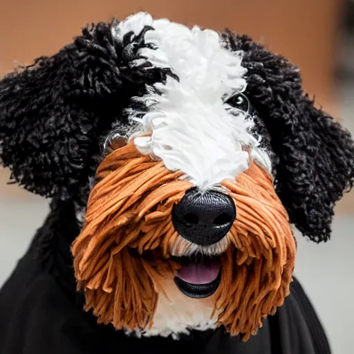 Image similar to a closeup photorealistic photograph of a cute smiling knitted bernedoodle judge dog dressed in a black gown, presiding over the courthouse. indoors, professional capture, well lit shot. this 4 k hd image is trending on artstation, featured on behance, well - rendered, extra crisp, features intricate detail, epic composition and the style of unreal engine.