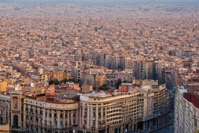 Image similar to views of catastrophic barcelona's buildings covered with high water, people on boats, floating cars, sunset lighting, photo real