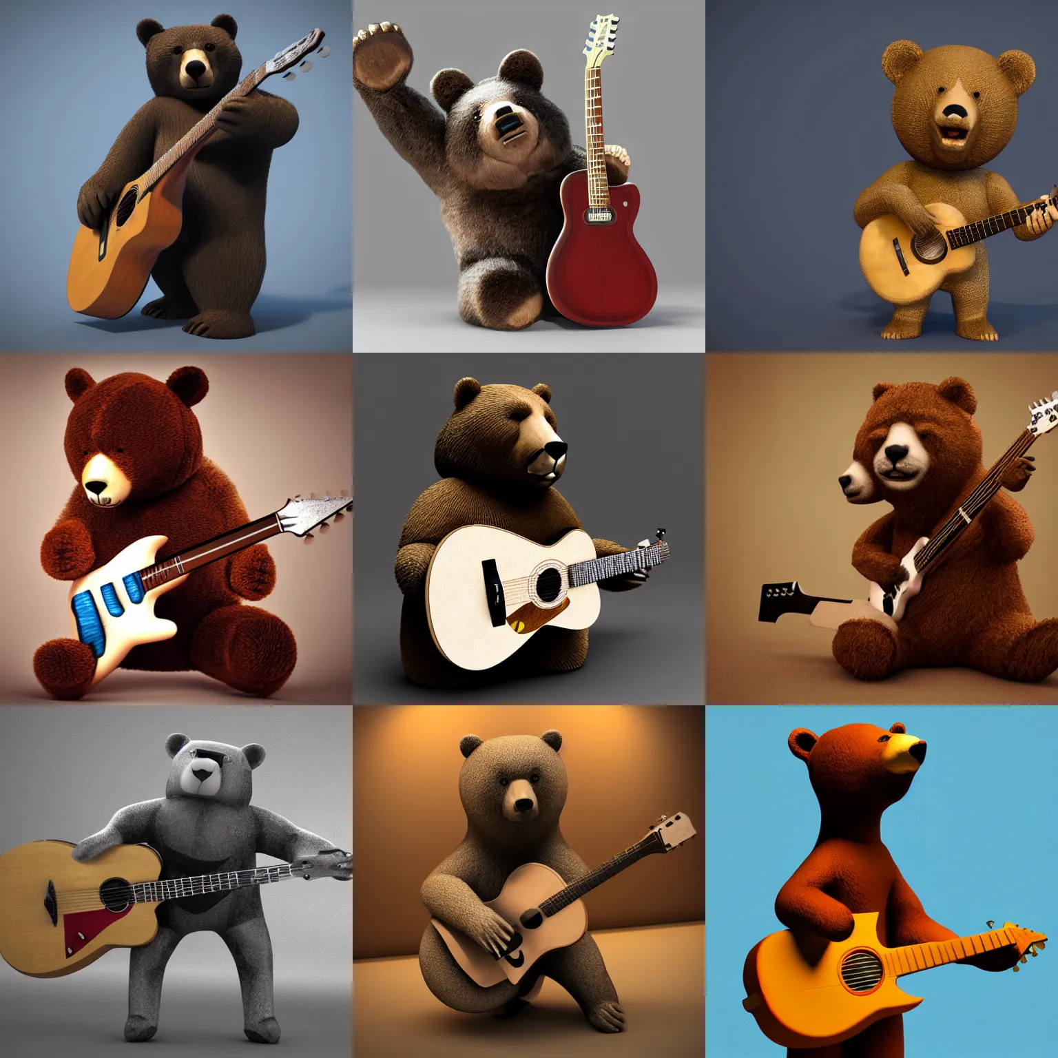 Prompt: realistic bear playing guitar, guitar with triangular a-shaped body, realistic, octane render