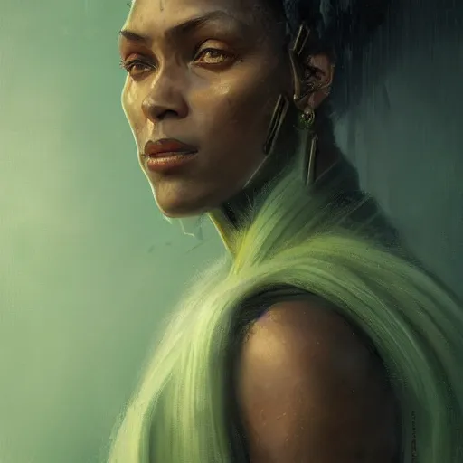 Image similar to A head-on detailed oil fantasy portrait of a black woman with pale green eyes and long white hair by greg rutkowski, trending on artstation, dungeon and dragons art