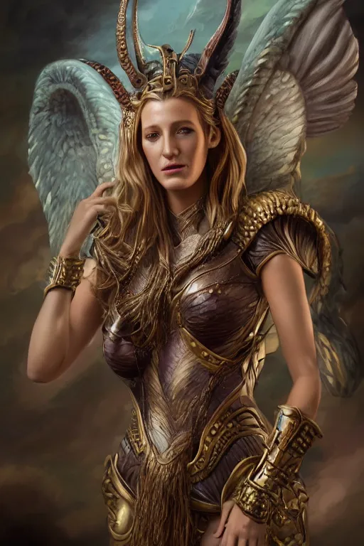 Image similar to A fantasy book style portrait painting of a hybrid, Blake Lively, Anya_Taylor-Joy, Cory Chase, as a Mystical Valkyrie, Anubis-Reptilian, Atlantean Warrior, François Boucher, Oil Painting, Crisp clear resolution, unreal 5, DAZ, hyperrealistic, octane render, Regal, Refined, Detailed Digital Art, RPG portrait, William-Adolphe Bouguereau, Michael Cheval, Walt Disney (1937), Steampunk, hyperdetailed, artstation, cgsociety, Volumetric Golden dappled dynamic lighting, Highly Detailed, Cinematic Lighting, Unreal Engine, 8k, HD