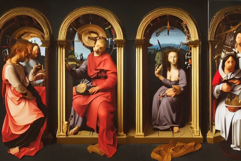 Prompt: a three panels altarpiece with pop culture memes by Beeple and Caravaggio, renaissance style, oil painting,