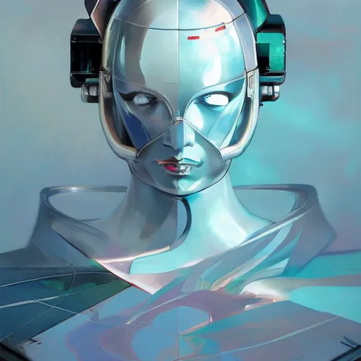 Image similar to scifi futurism automaton minimalism chrome by peter mohrbacher art Hajime Sorayama airbrush hyperrealism model abstract shatter fragments cubism futurism pastel blue soft flat minimal minimalism portrait face jackson pollock ukiyo-e lithograph mark ruthko swirl escape noise shimmer glow paint