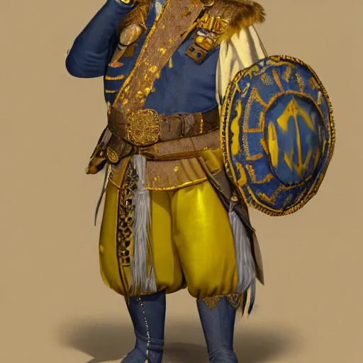 Prompt: high quality high detail character design of a colonial general, blue and yellow, photorealistic lighting