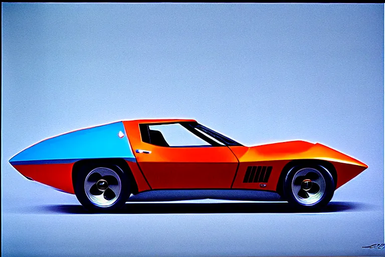 Image similar to designed by giorgetto giugiaro stylized poster of a single 1 9 6 9 corvette concept, thick neon lights, ektachrome photograph, volumetric lighting, f 8 aperture, cinematic eastman 5 3 8 4 film