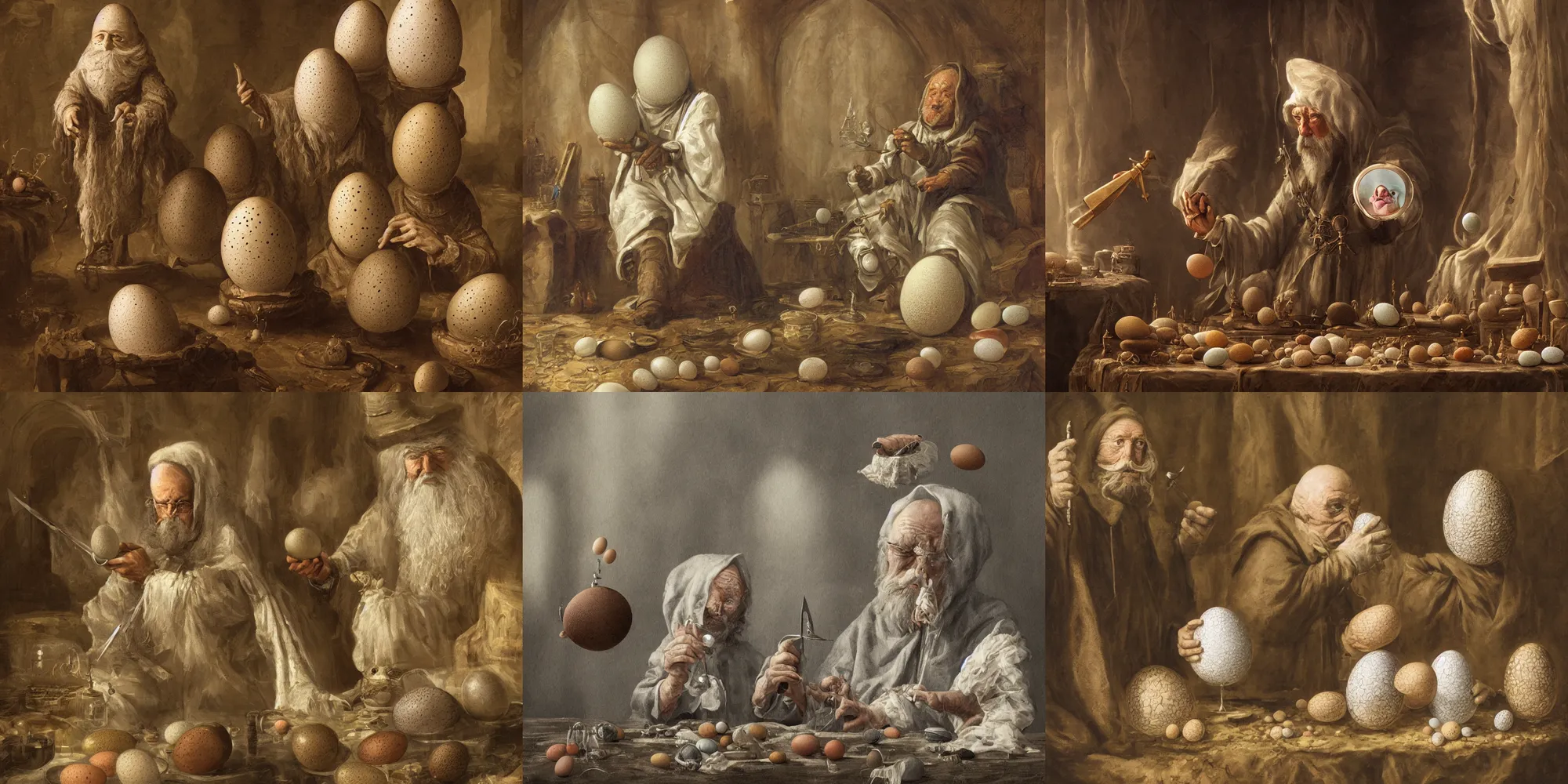 Prompt: A wizard with his face covered measuring creature eggs in a study using a calipers, high quality art, 4k