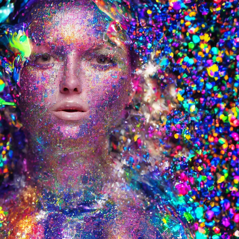 Image similar to octane render portrait by wayne barlow and carlo crivelli and glenn fabry, a woman wearing a clear plastic suit full of colorful thick fluid full of glitter, standing in front of a giant sheet of tie - dye aluminum foil, cinema 4 d, ray traced lighting, very short depth of field, bokeh