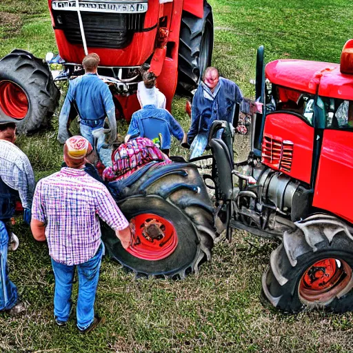 Prompt: a tractor surrounded by angry hillbillies wanting to disassemble it, color photograph, dramatic